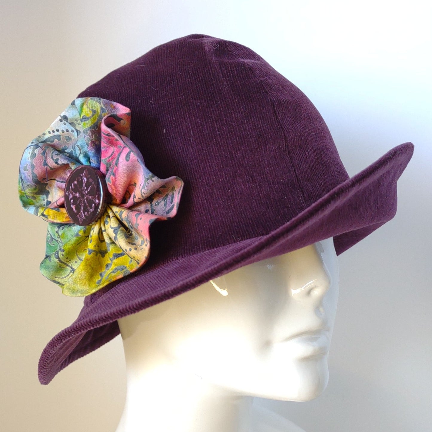 Purple Corduroy Cloche With Batik Flower