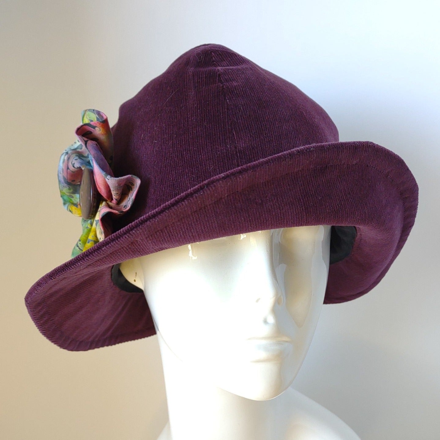 Purple Corduroy Cloche With Batik Flower