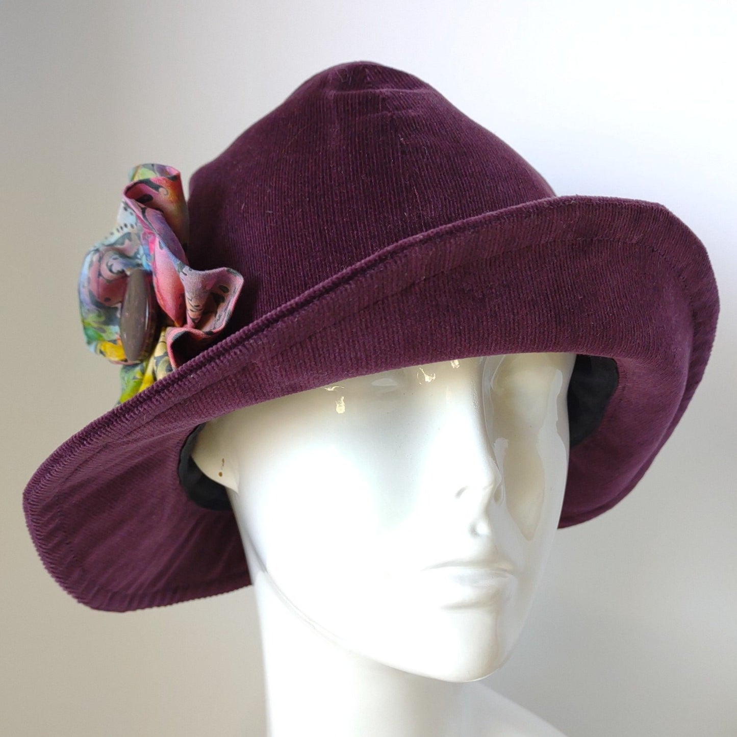 Purple Corduroy Cloche With Batik Flower