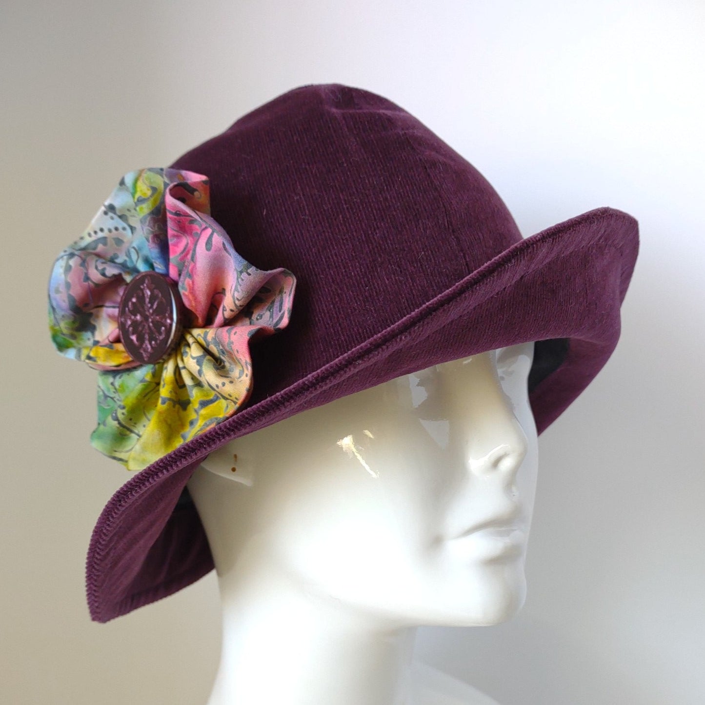 Purple Corduroy Cloche With Batik Flower