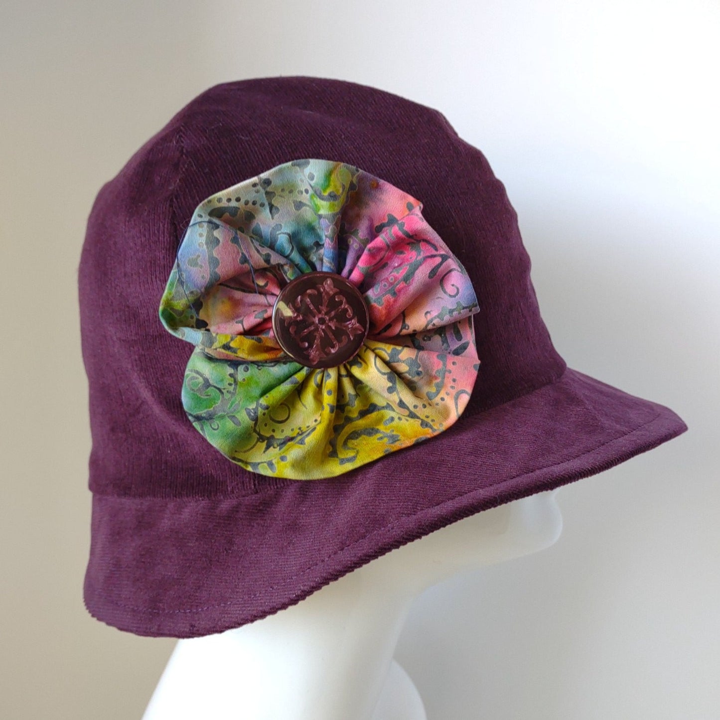 Purple Corduroy Cloche With Batik Flower