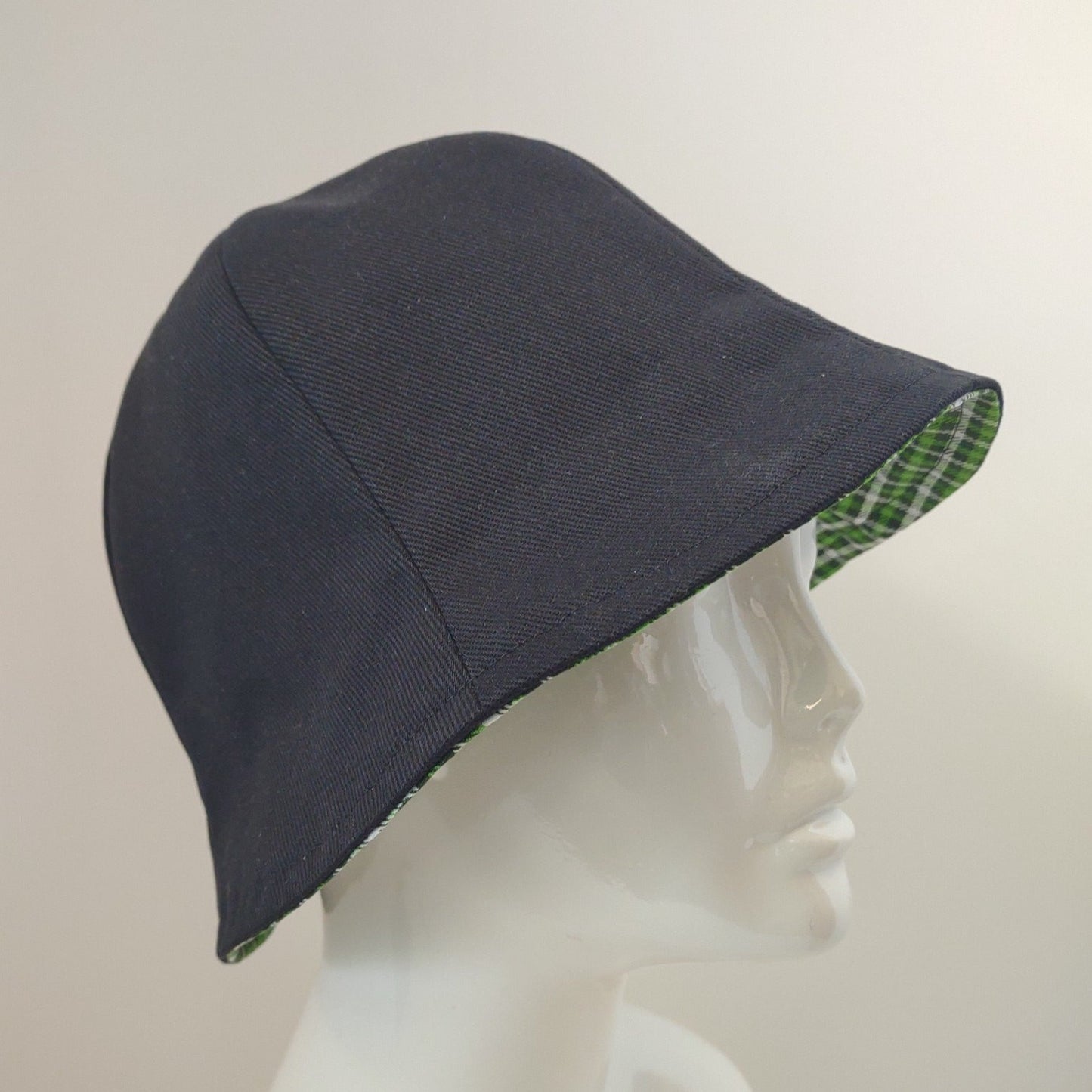 Green & Black Plaid & Black Denim Hat | Reversible