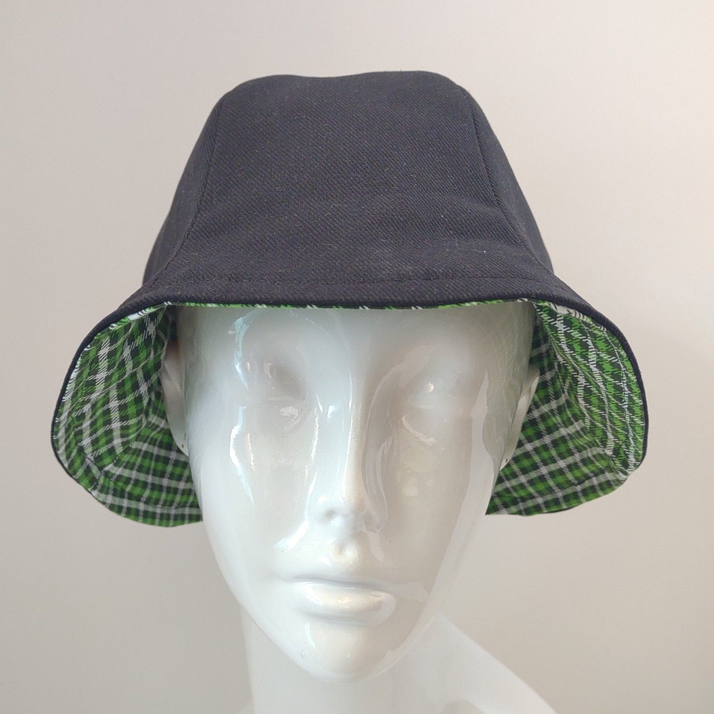 Green & Black Plaid & Black Denim Hat | Reversible