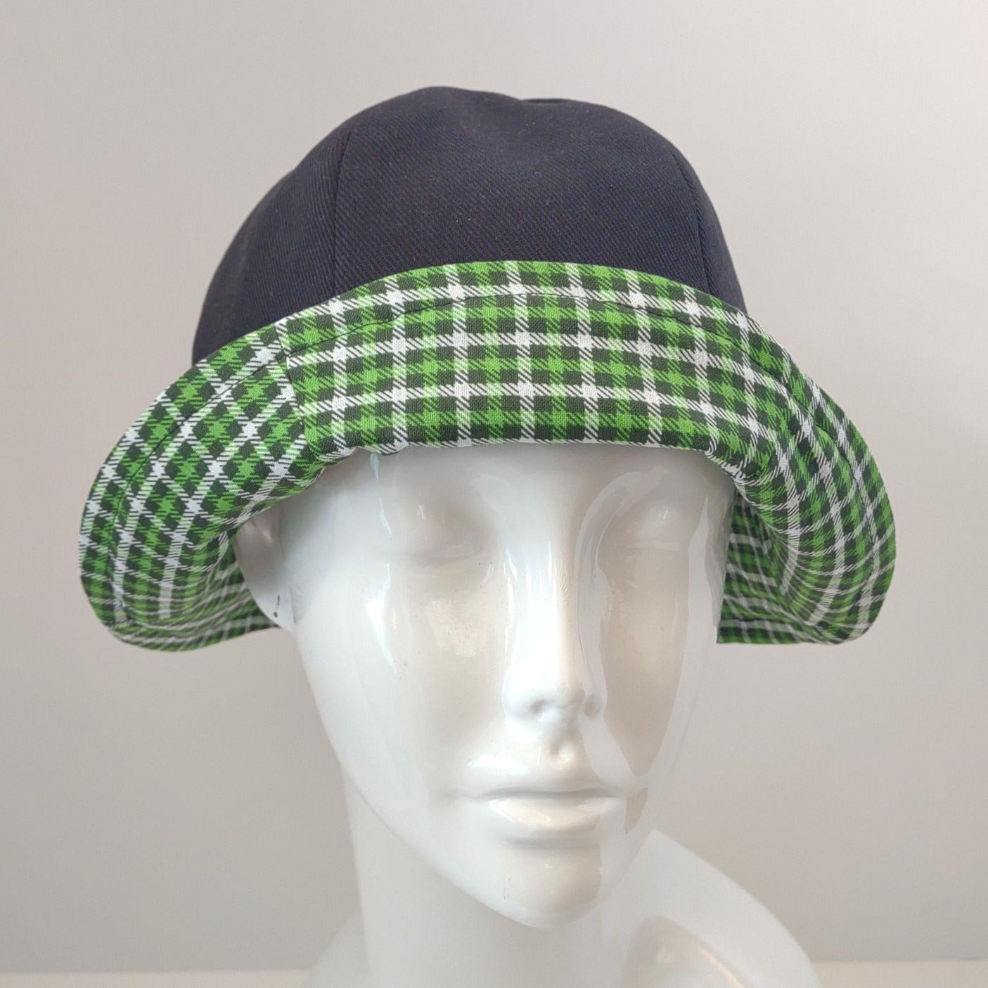 Green & Black Plaid & Black Denim Hat | Reversible
