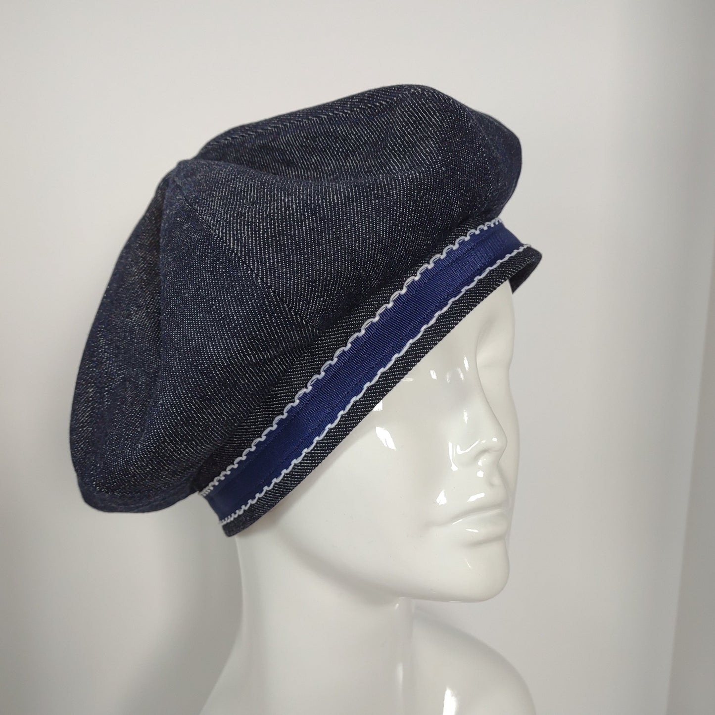 Dark Blue Denim Banded Beret With Blue Ribbon