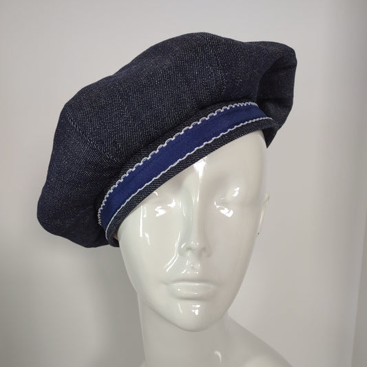 Dark Blue Denim Banded Beret With Blue Ribbon