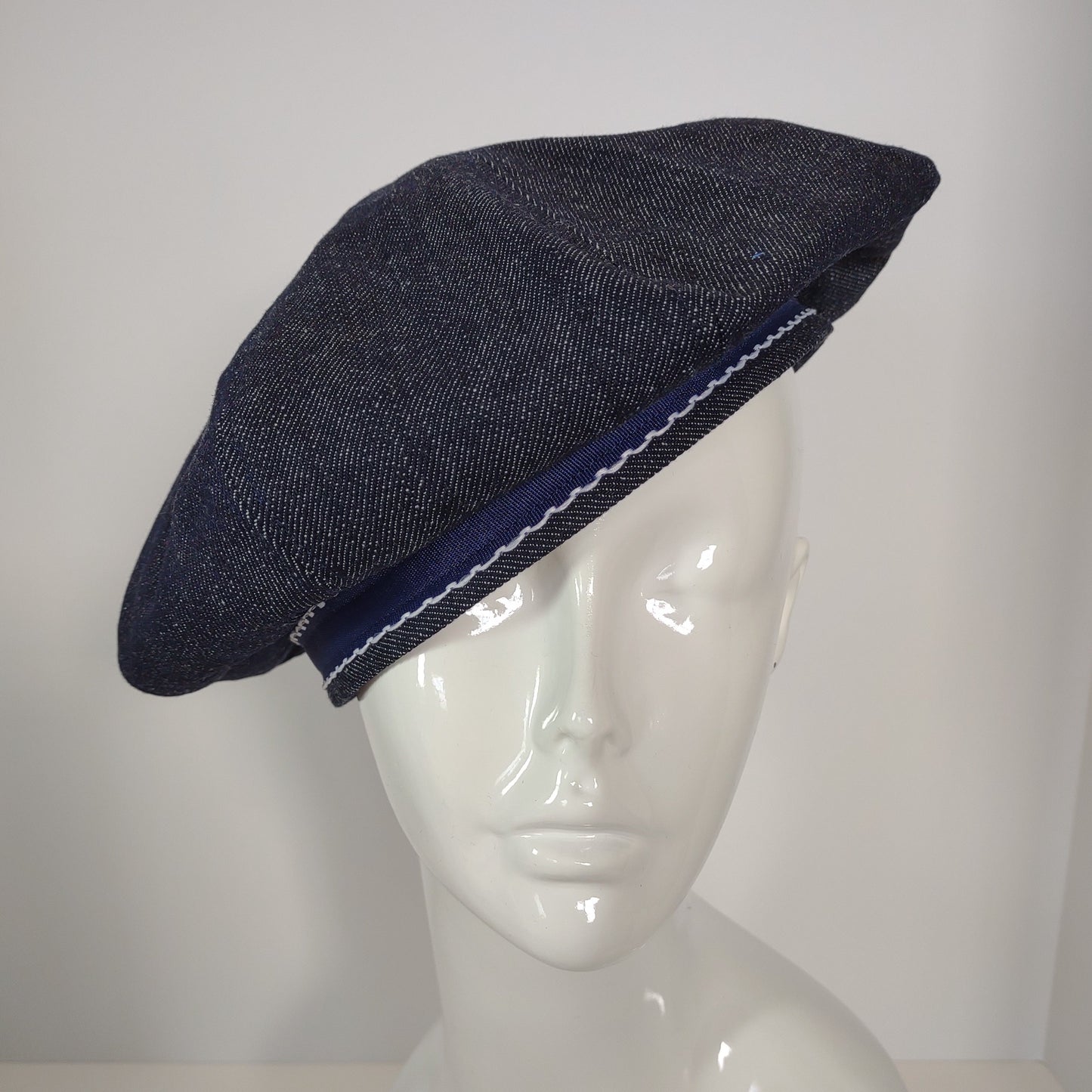 Dark Blue Denim Banded Beret With Blue Ribbon