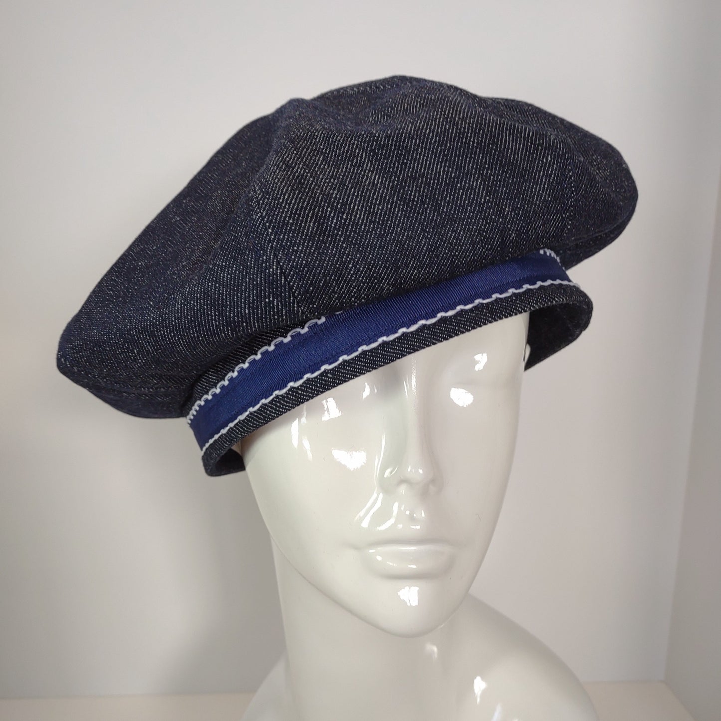 Dark Blue Denim Banded Beret With Blue Ribbon