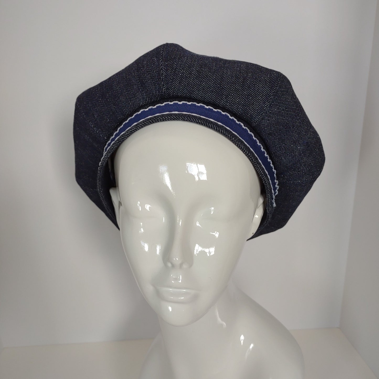 Dark Blue Denim Banded Beret With Blue Ribbon