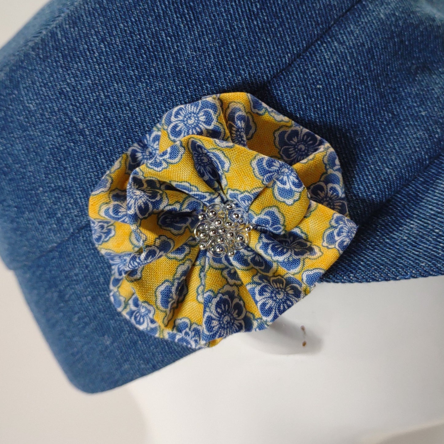 Denim Cap With Floral Print Flower