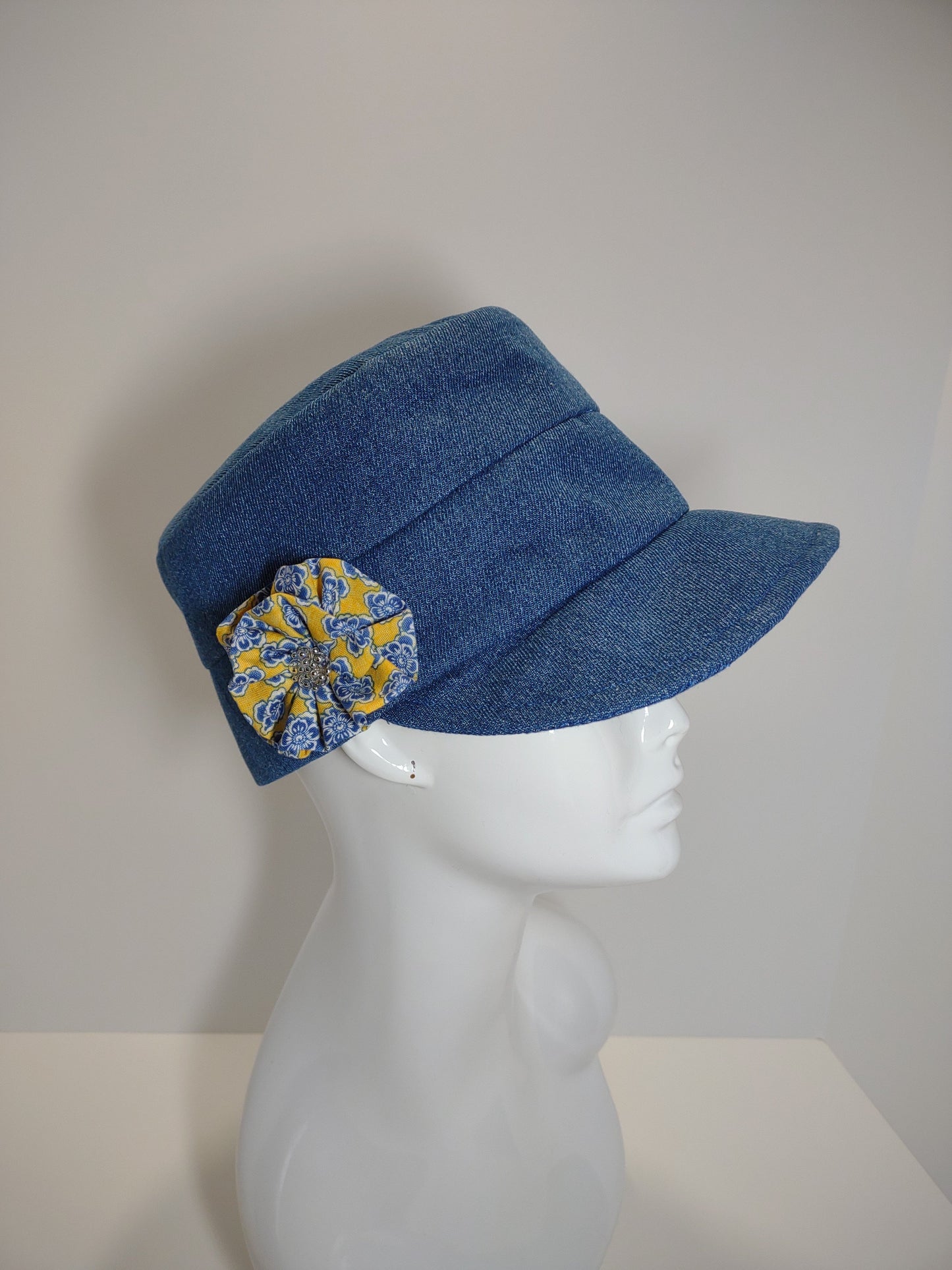 Denim Cap With Floral Print Flower