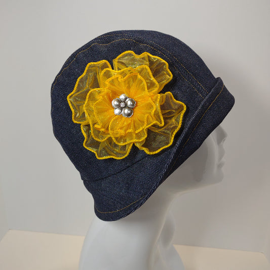Dark Blue Denim Cloche With Yellow Ribbon Flower