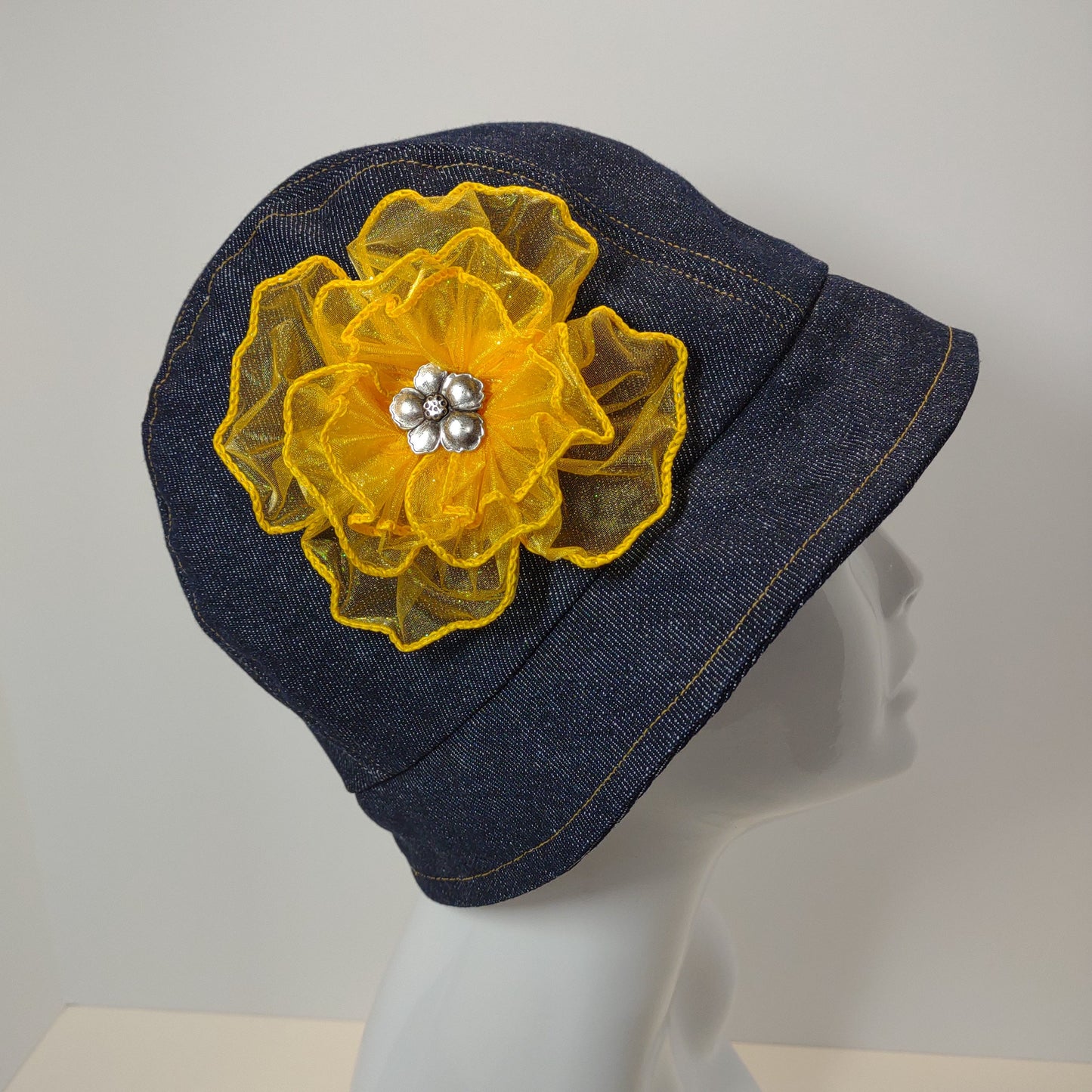 Dark Blue Denim Cloche With Yellow Ribbon Flower