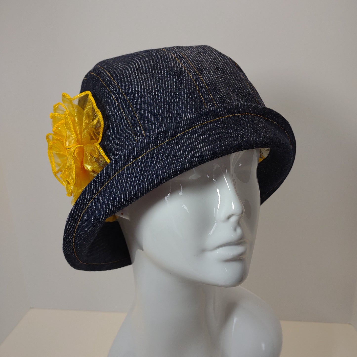 Dark Blue Denim Cloche With Yellow Ribbon Flower