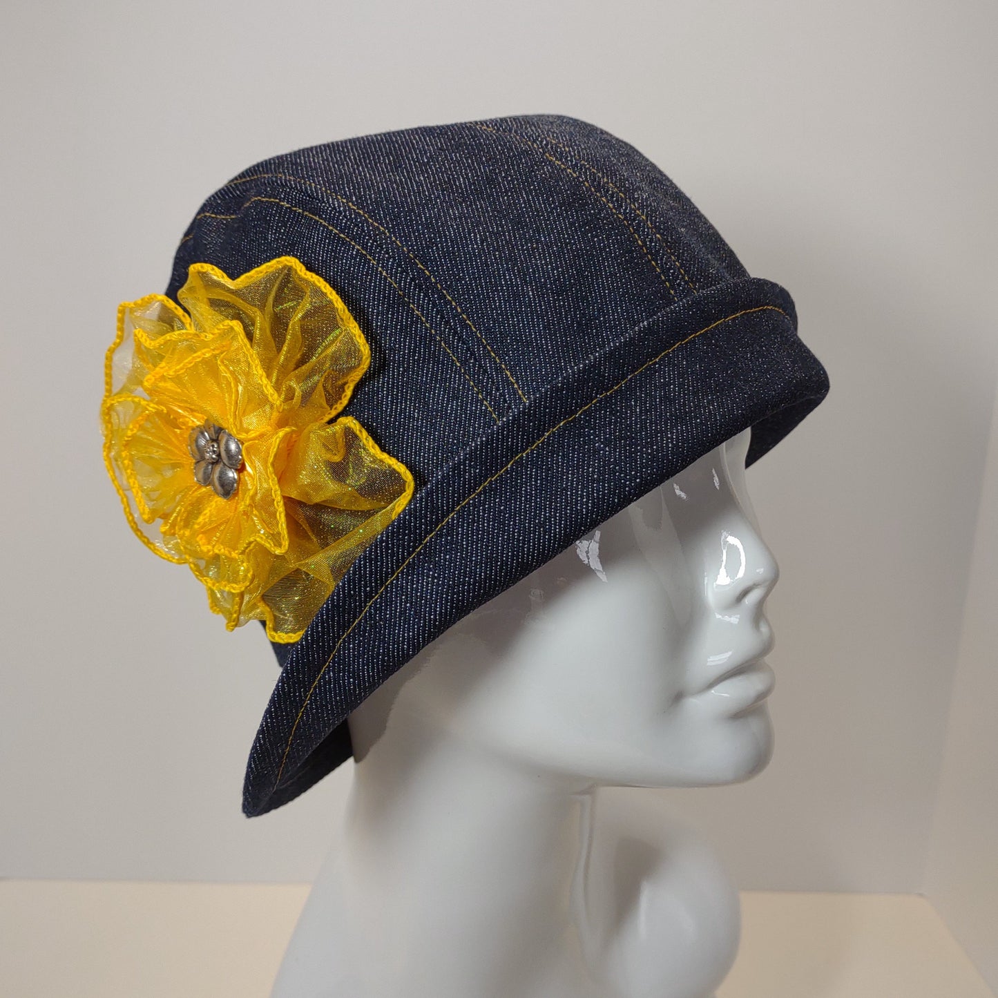 Dark Blue Denim Cloche With Yellow Ribbon Flower
