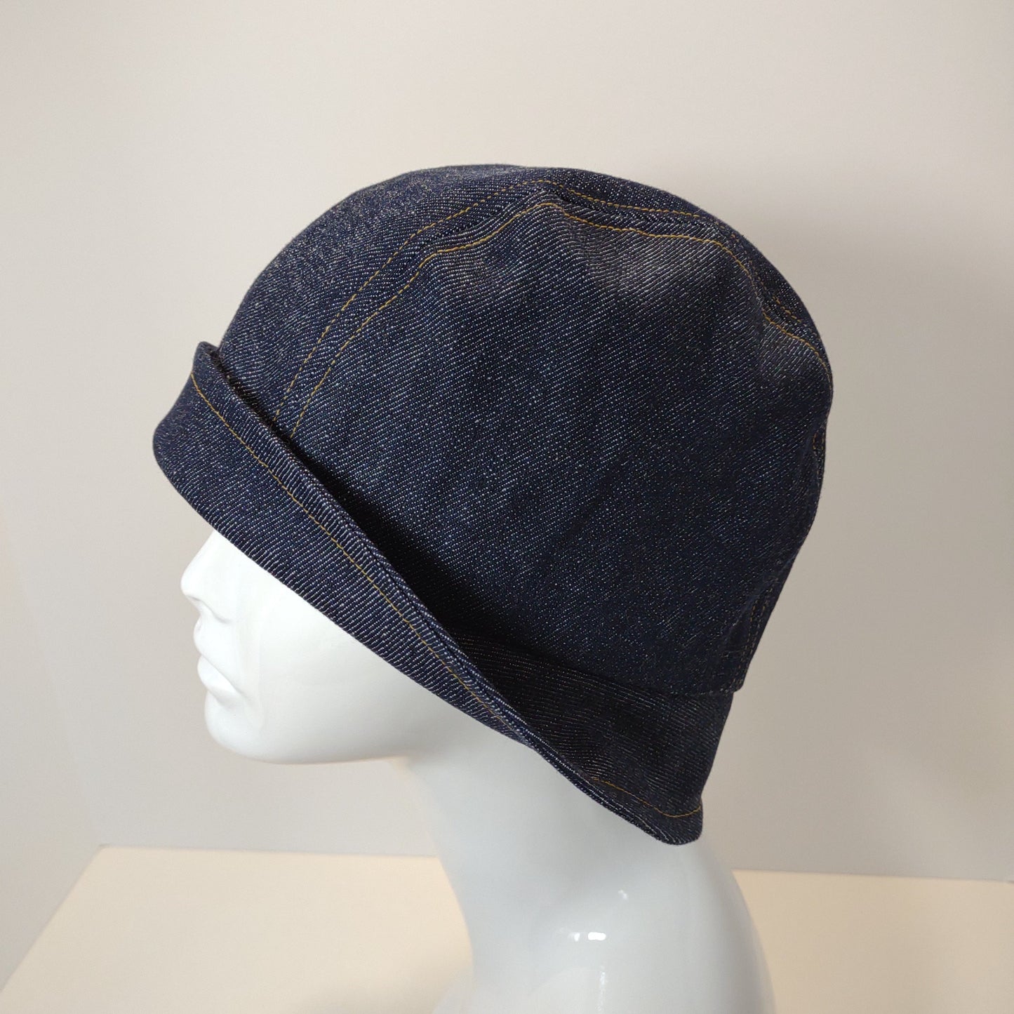 Dark Blue Denim Cloche With Yellow Ribbon Flower