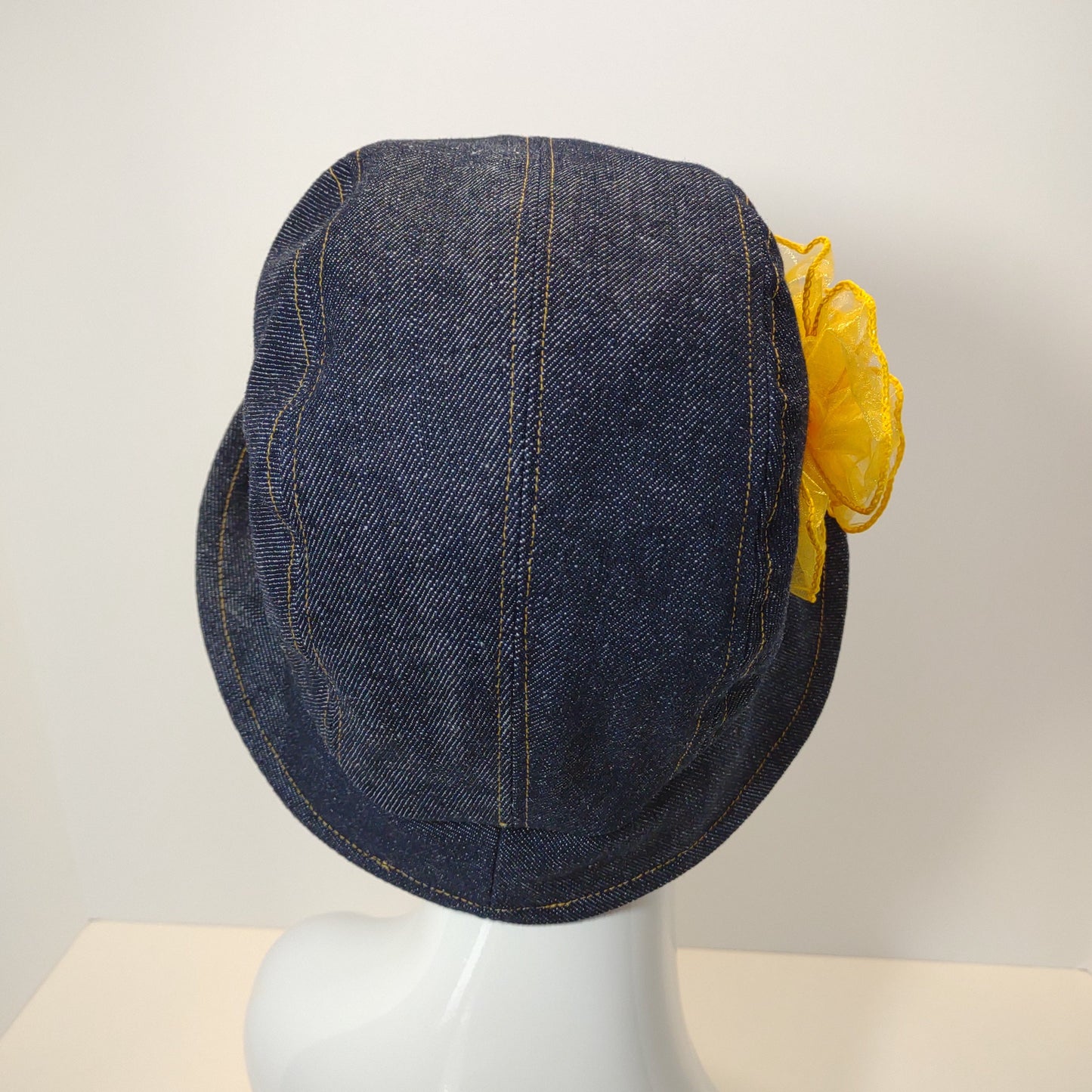 Dark Blue Denim Cloche With Yellow Ribbon Flower