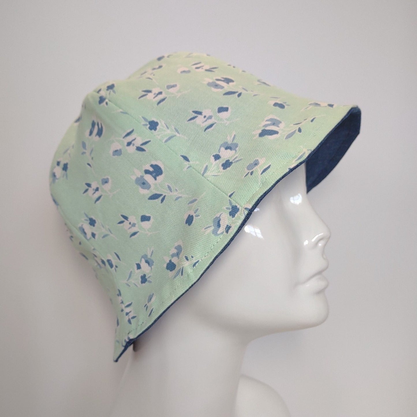 Mint Green Floral and Denim Tulip Hat | Reversible