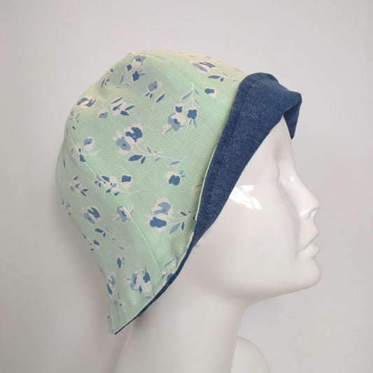 Mint Green Floral and Denim Tulip Hat | Reversible