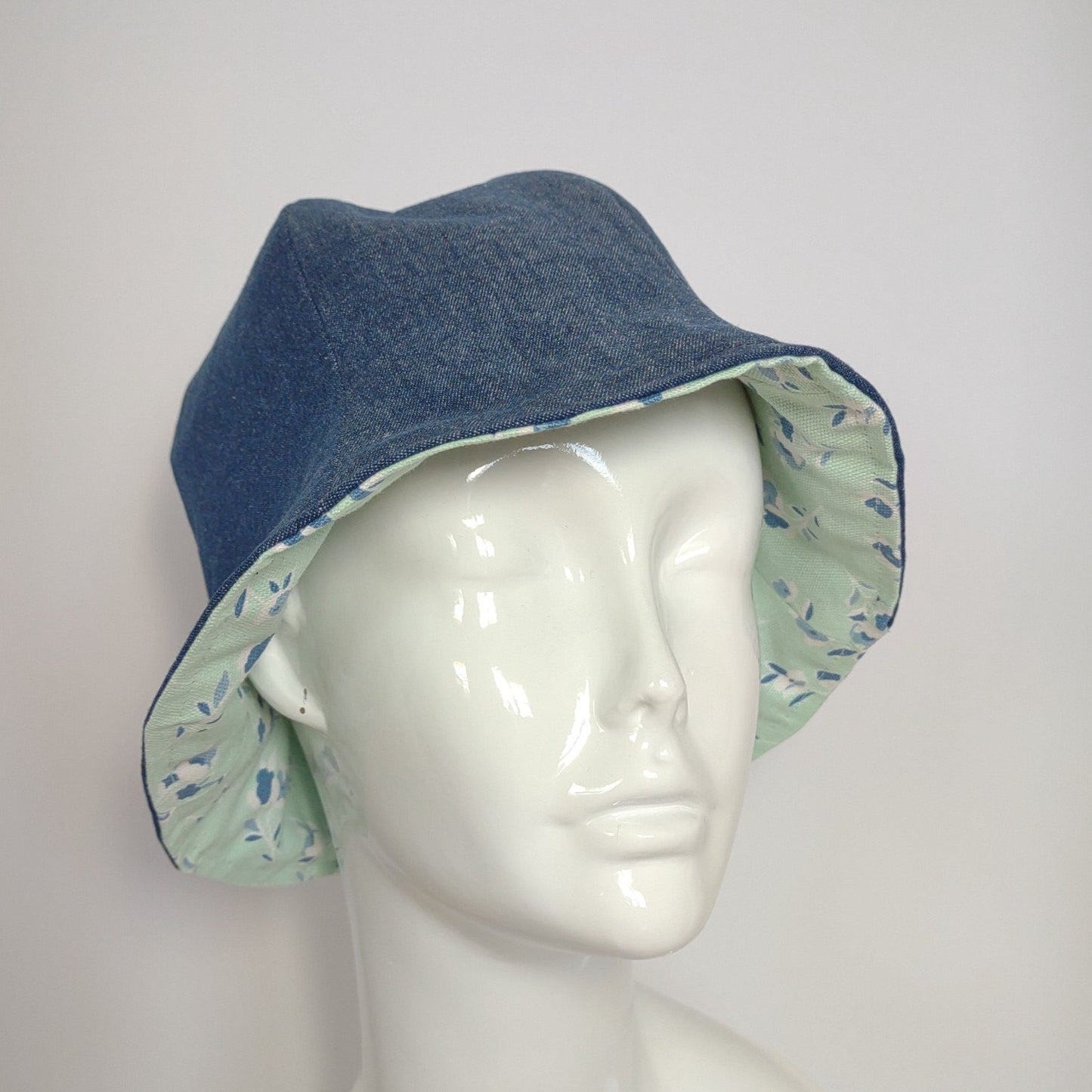 Mint Green Floral and Denim Tulip Hat | Reversible
