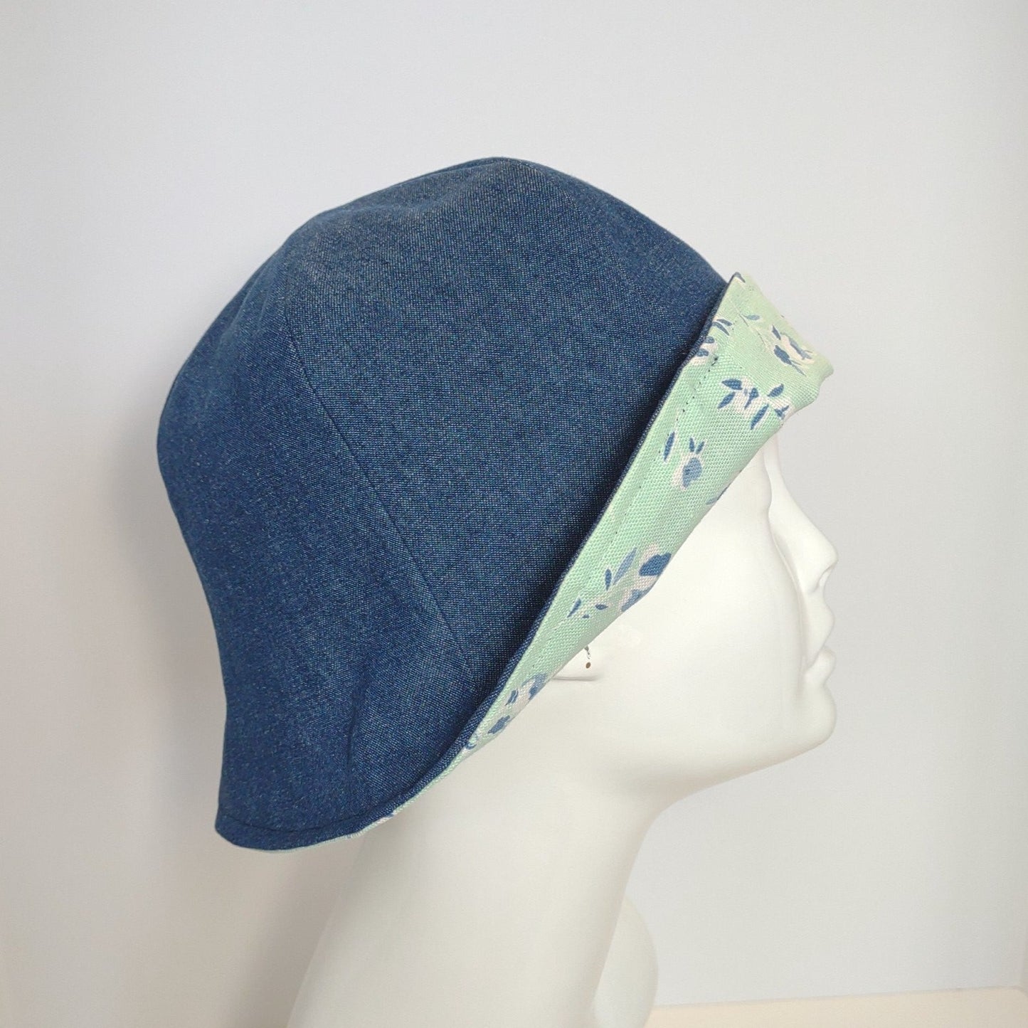Mint Green Floral and Denim Tulip Hat | Reversible