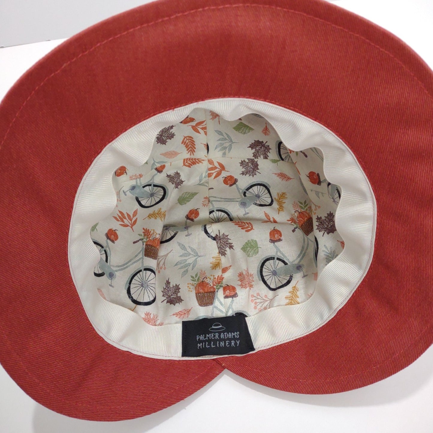 Rust Denim Cloche With Fall Leaves & Bicycle Lining