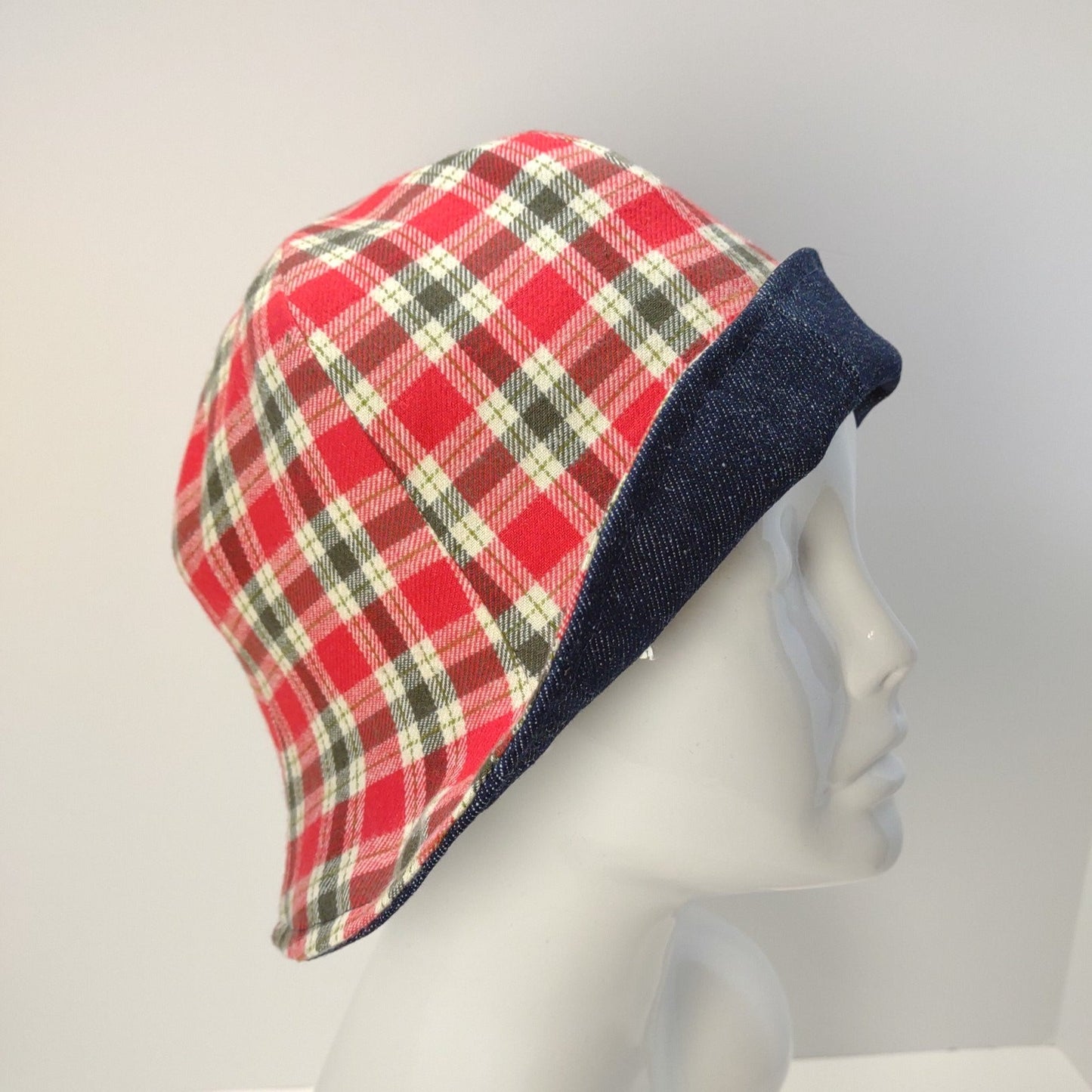 Denim and Red Plaid Flannel Hat | Reversible