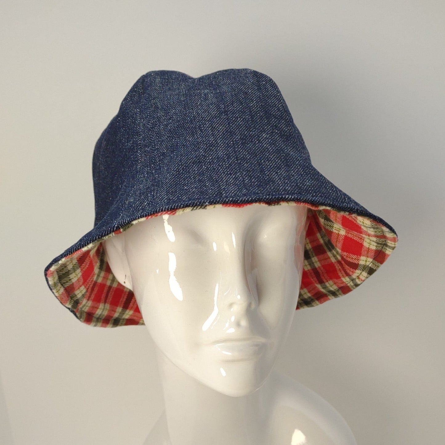 Denim and Red Plaid Flannel Hat | Reversible