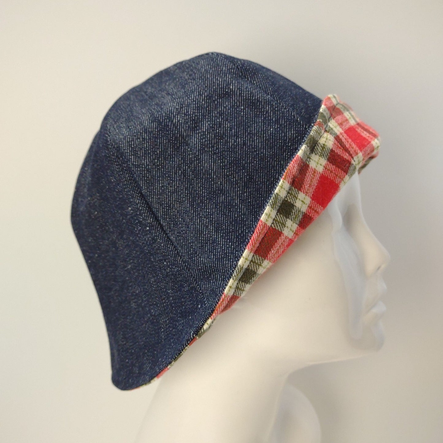 Denim and Red Plaid Flannel Hat | Reversible