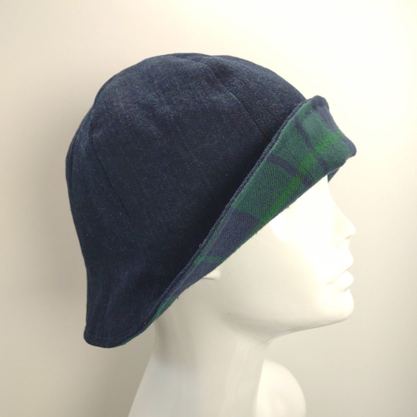 Navy & Green Plaid & Denim Tulip Hat | Reversible