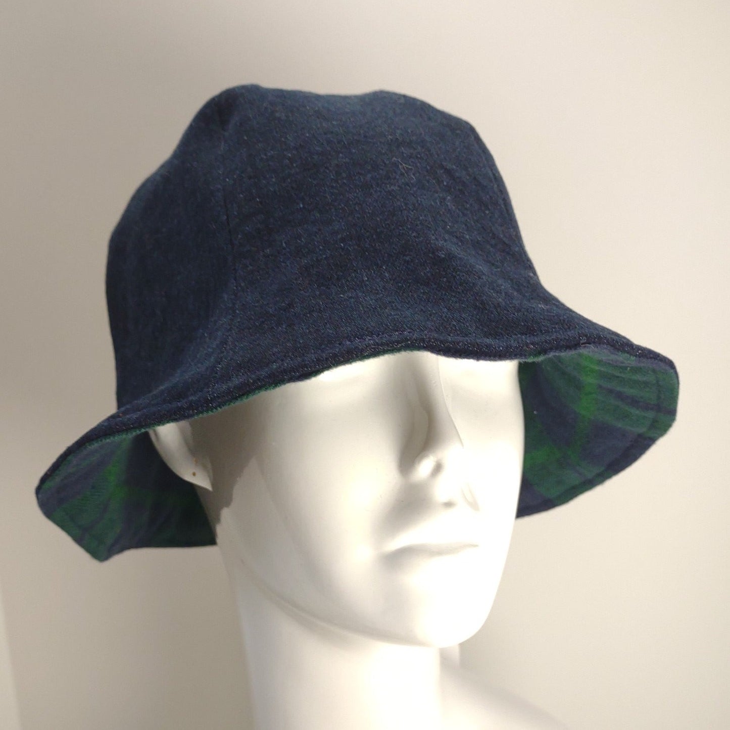 Navy & Green Plaid & Denim Tulip Hat | Reversible