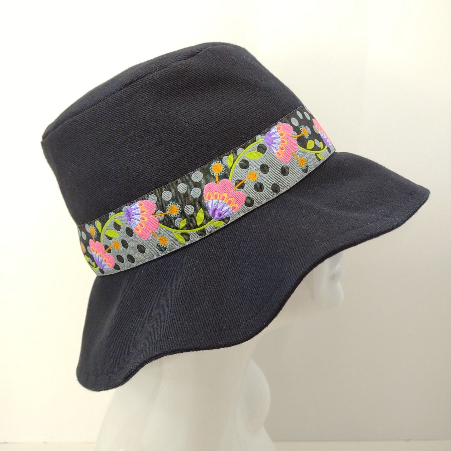 Black Denim Floral Ribbon Bucket Hat