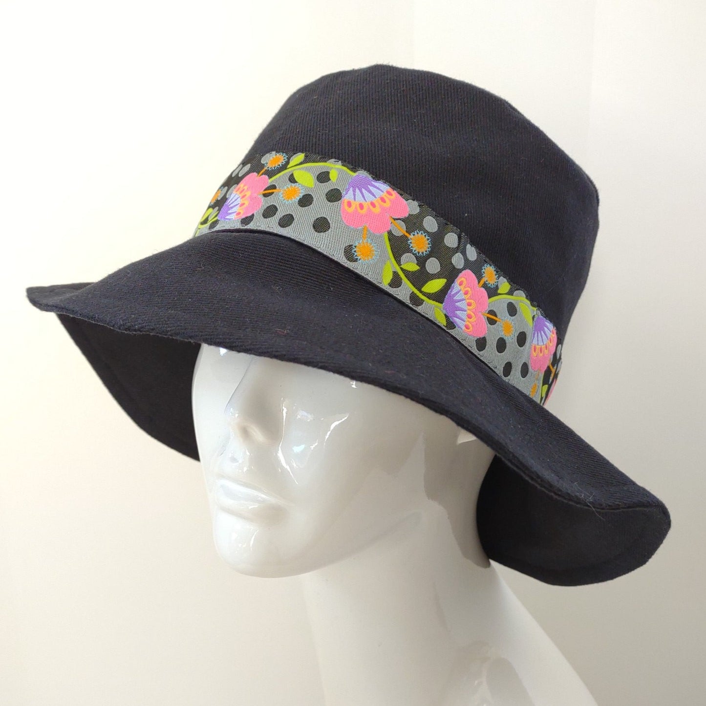 Black Denim Floral Ribbon Bucket Hat