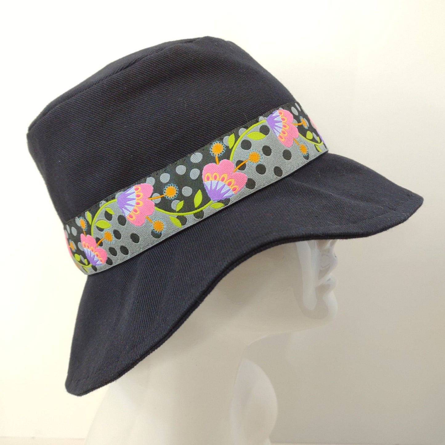 Black Denim Floral Ribbon Bucket Hat