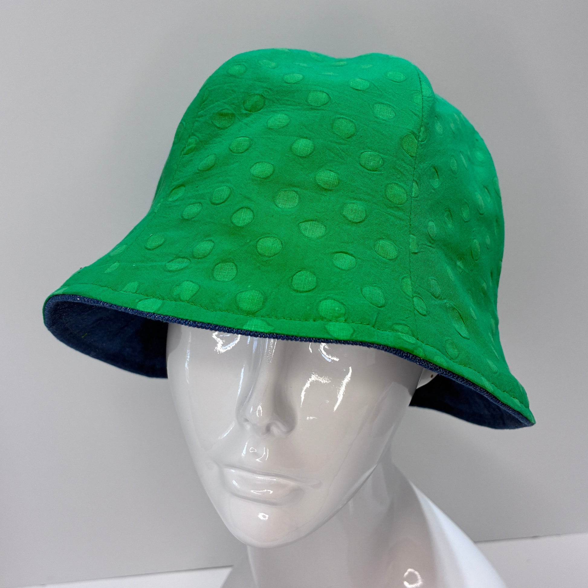 Reversible  denim and green polka dot hat 