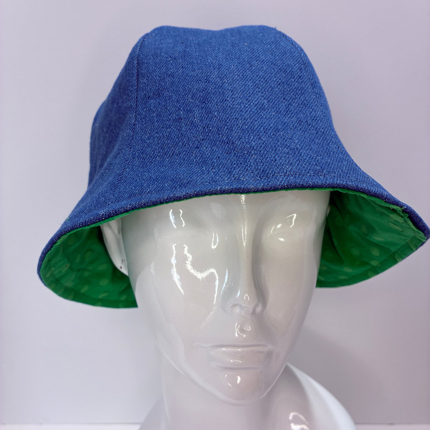 Reversible blue denim and green dot batik hat