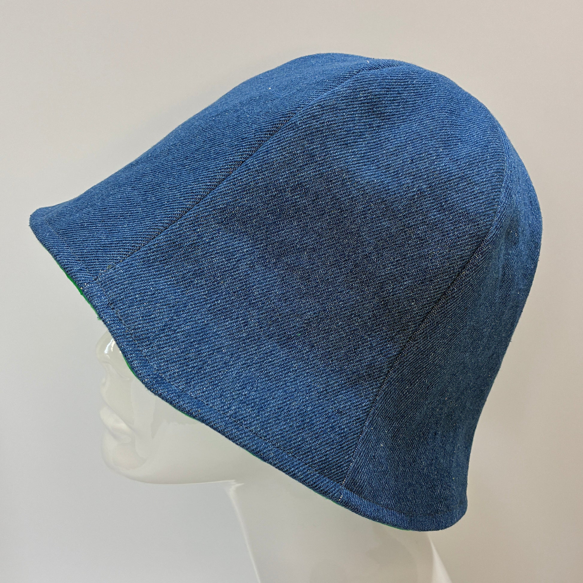 reversible blue denim and green dot batik hat