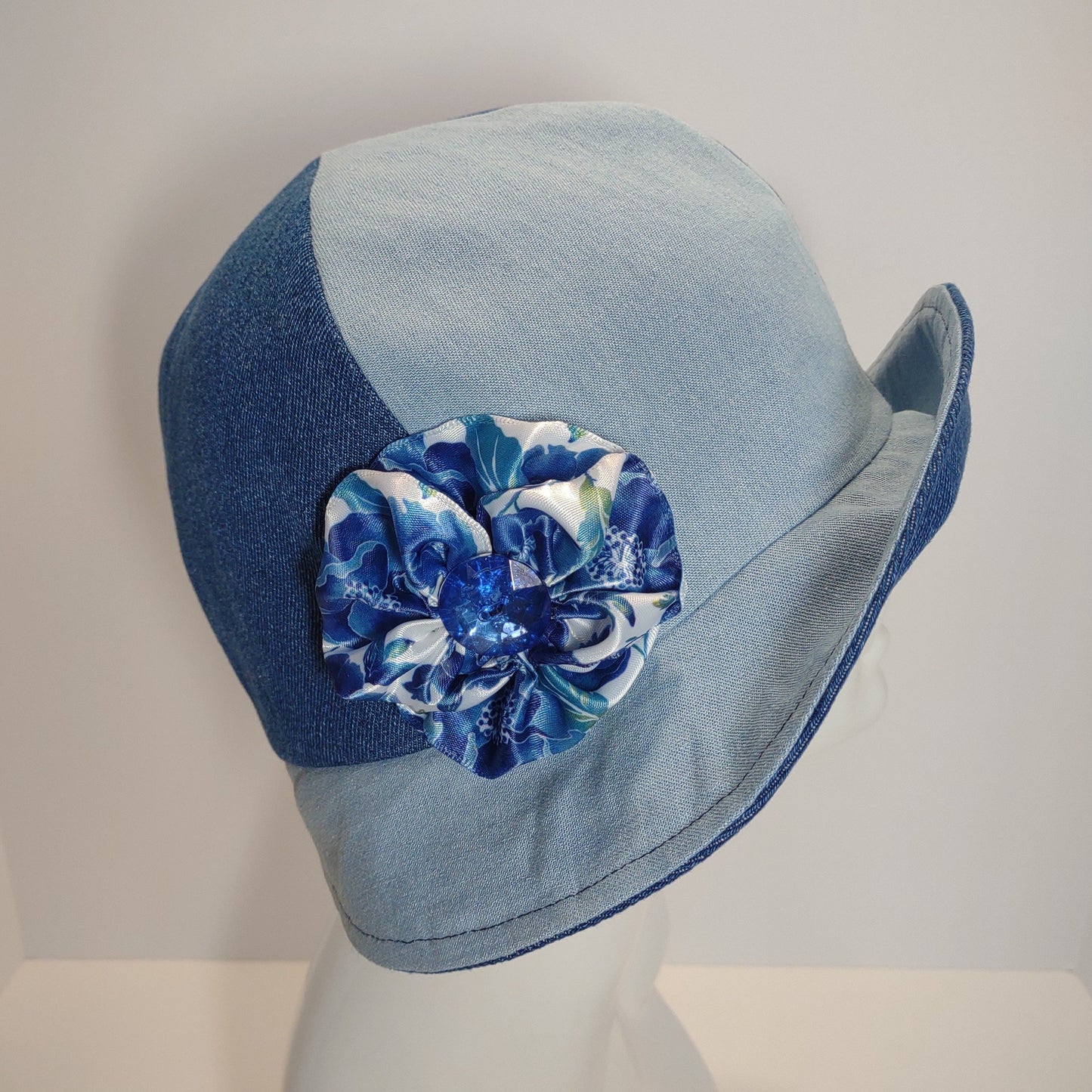 Two-Tone Denim Cloche With Floral Ribbon Flower