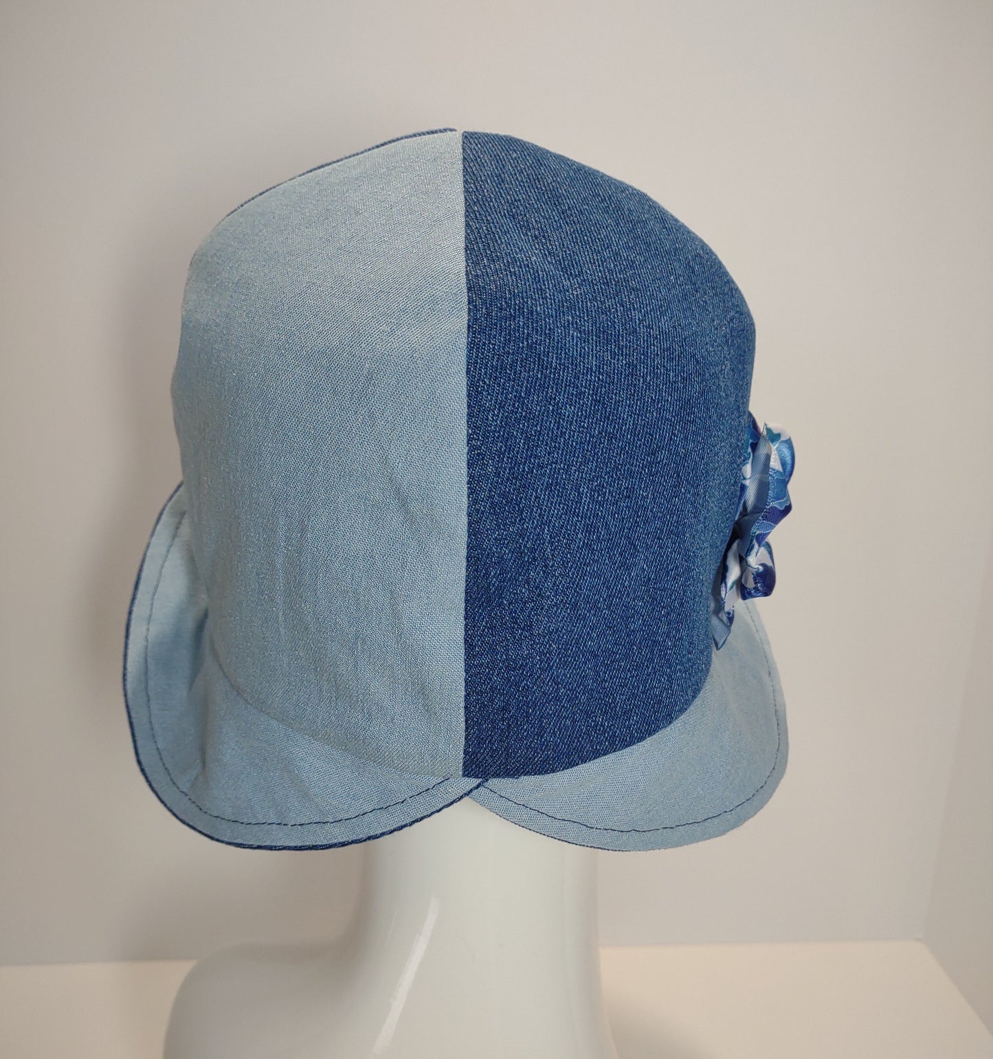 Two-Tone Denim Cloche With Floral Ribbon Flower
