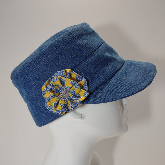 Denim Cap With Floral Print Flower