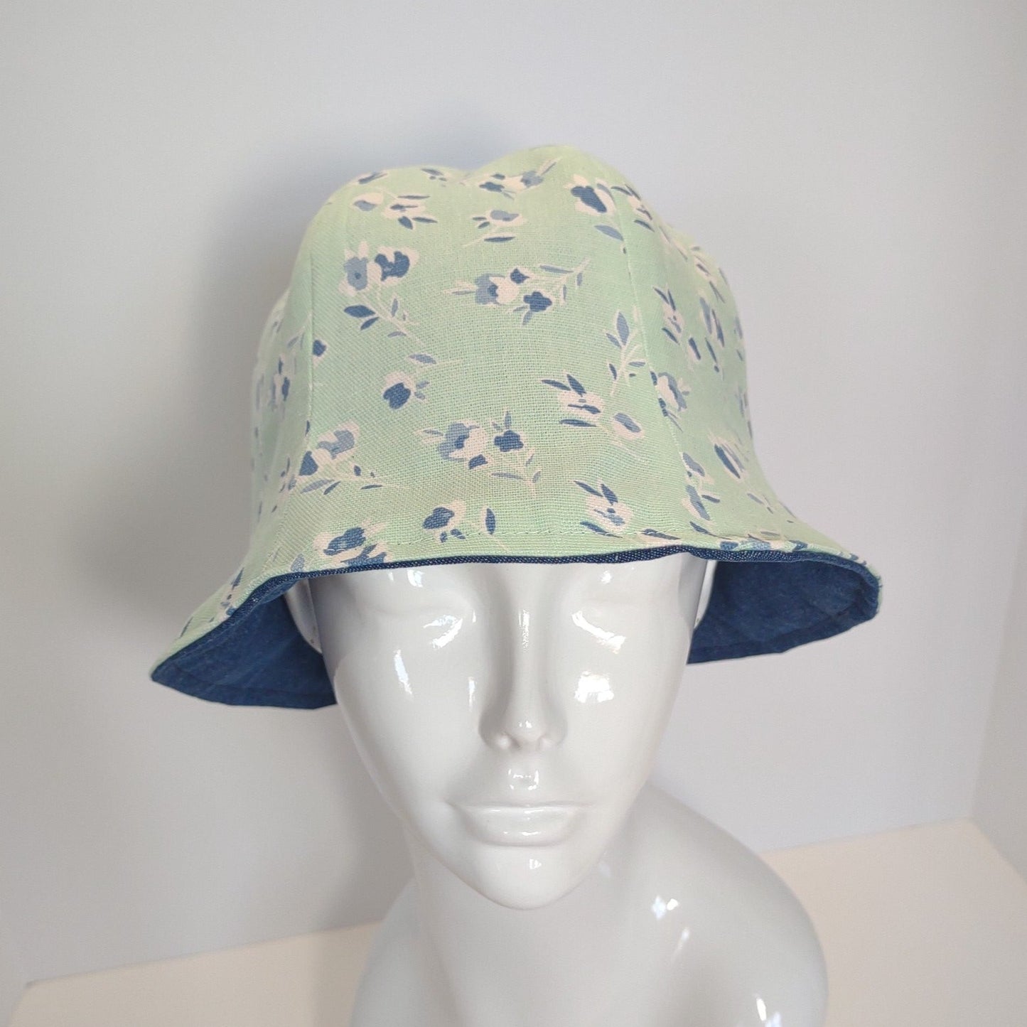Mint Green Floral and Denim Tulip Hat | Reversible
