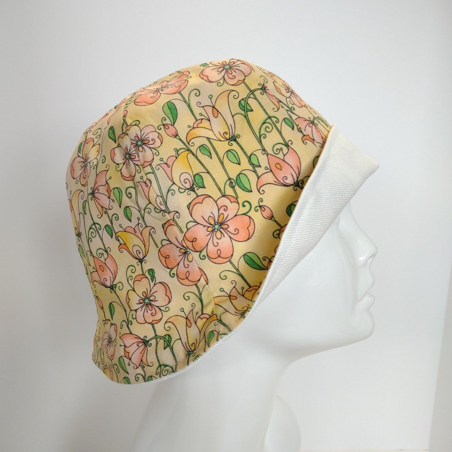 White Denim & Yellow Floral Tulip Hat | Reversible