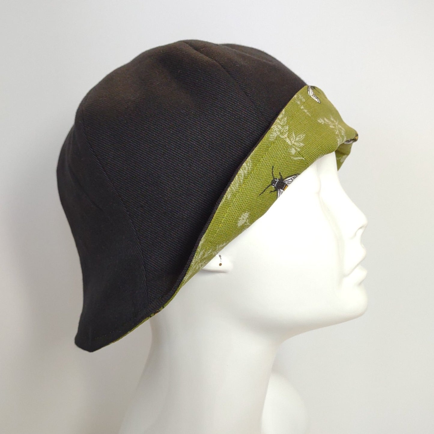 Reversible Black Denim & Green Bee Tulip Hat