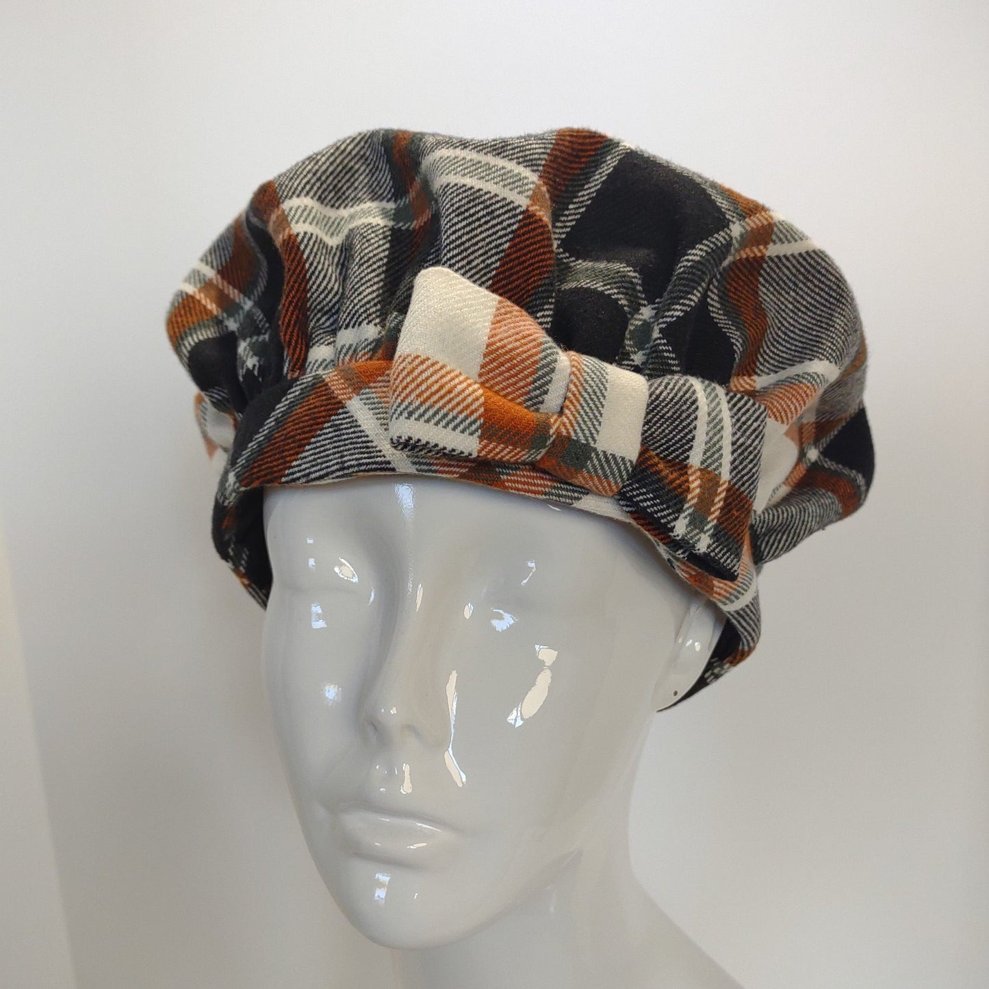 Plaid Flannel Shirred Beret With Bow