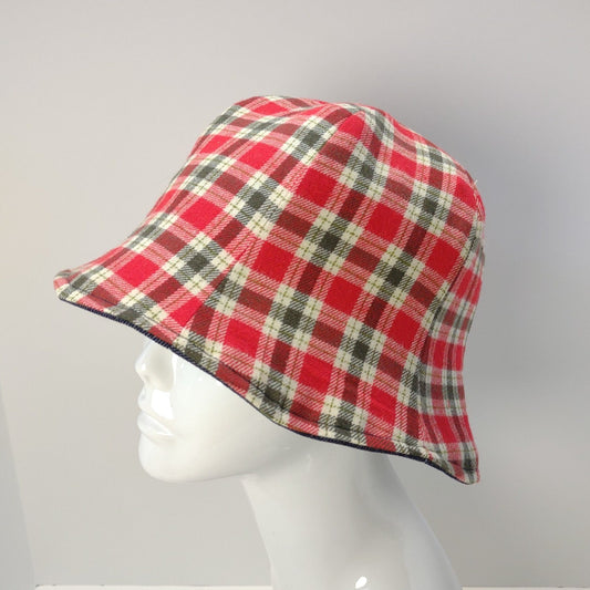 Denim and Red Plaid Flannel Tulip Hat | Reversible