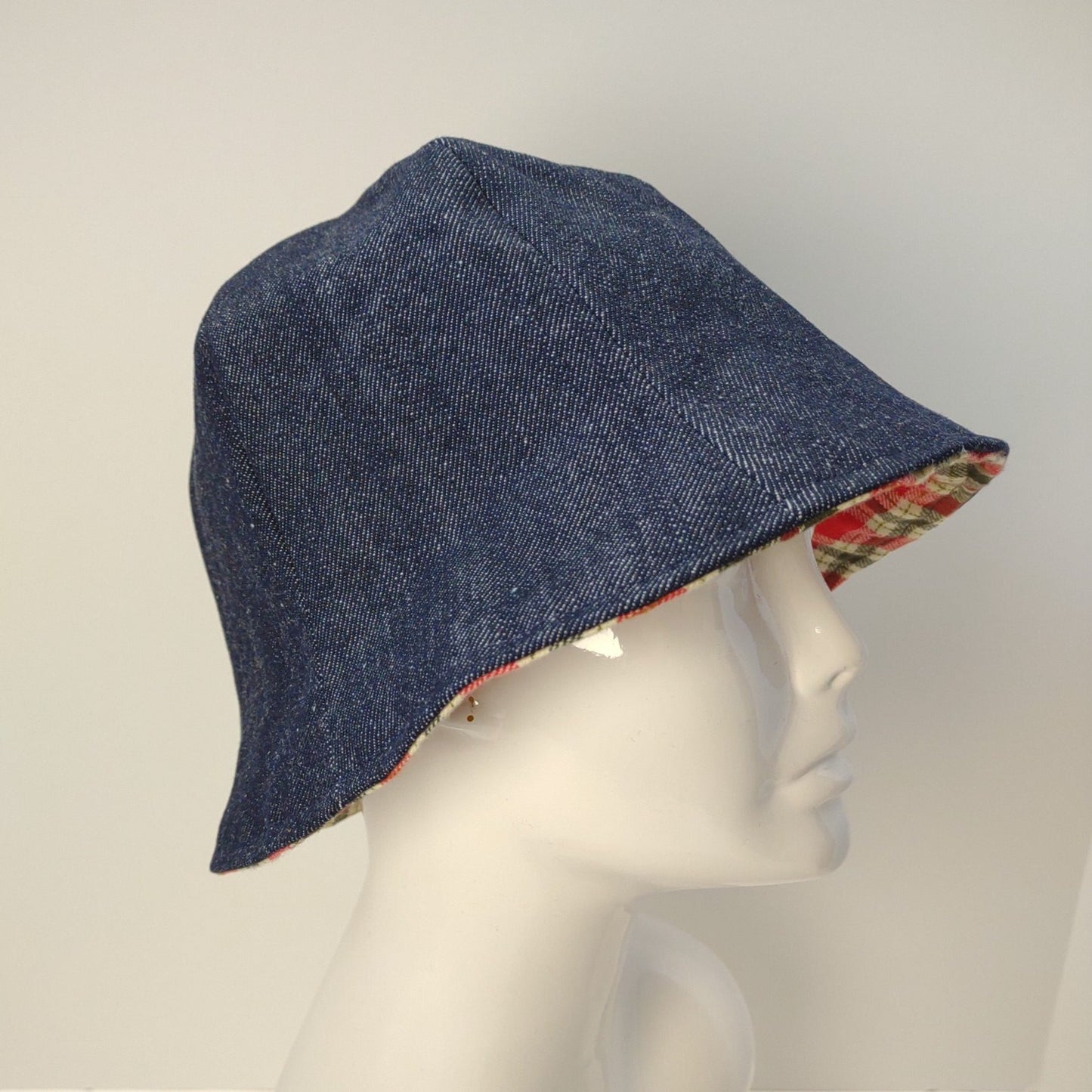 Denim and Red Plaid Flannel Tulip Hat | Reversible