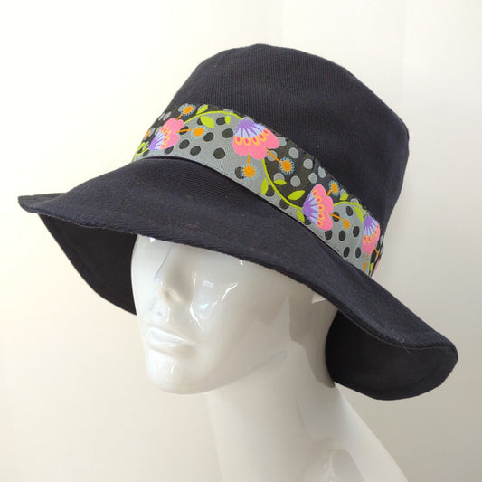 Black Denim Floral Ribbon Bucket Hat