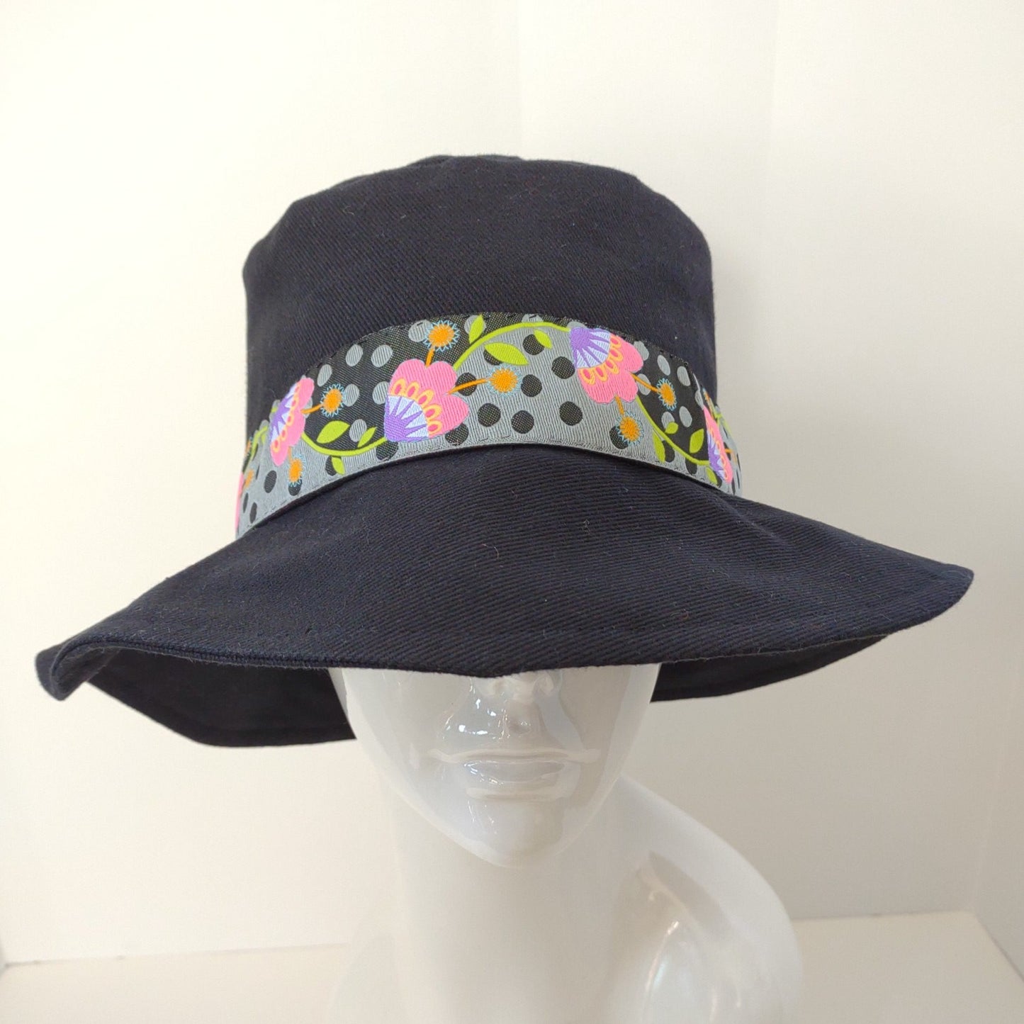Black Denim Floral Ribbon Bucket Hat