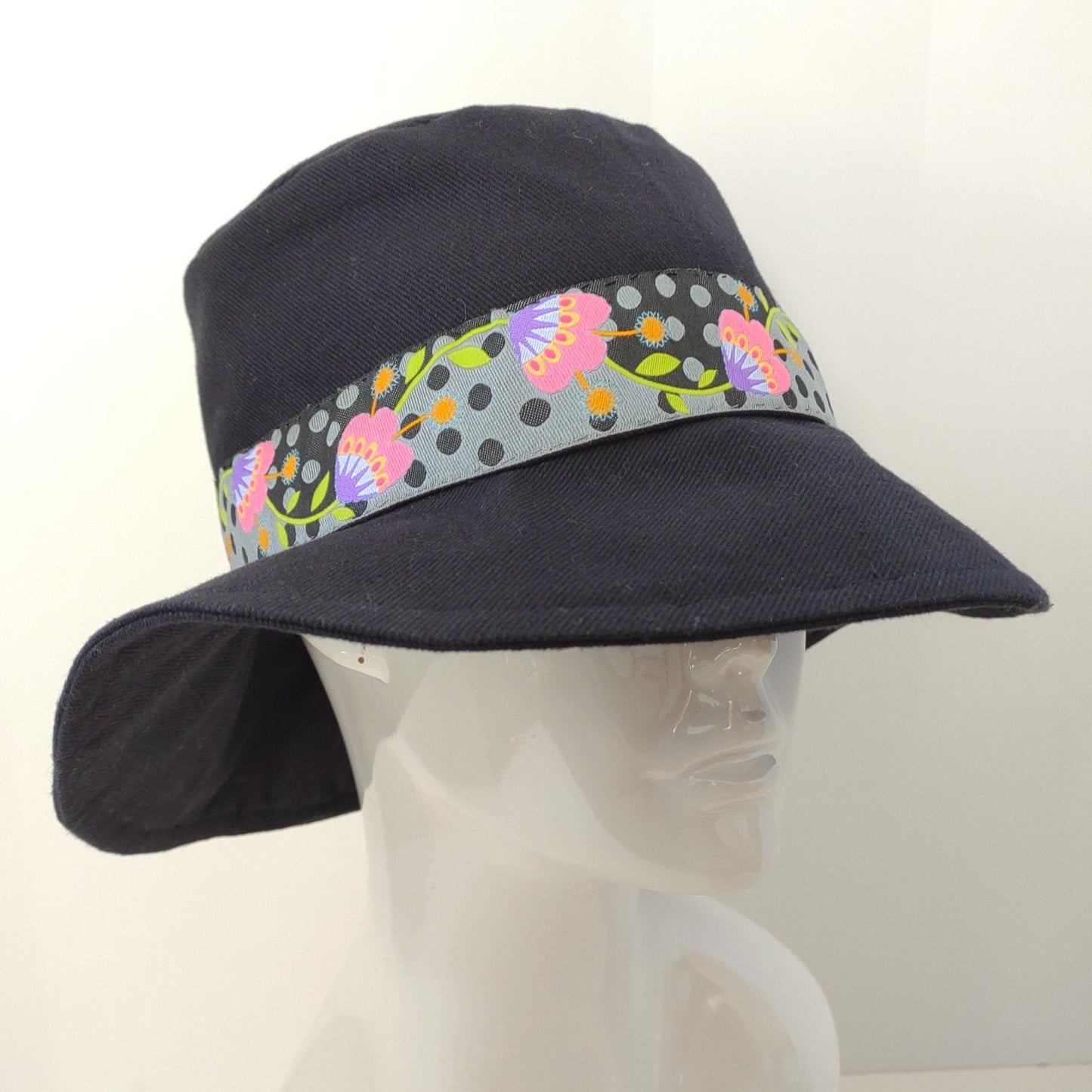 Black Denim Floral Ribbon Bucket Hat